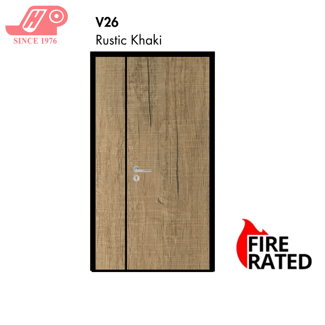 Fire-rated main door 4x7 ft – Rustic Khaki design (V26) with solid timber core